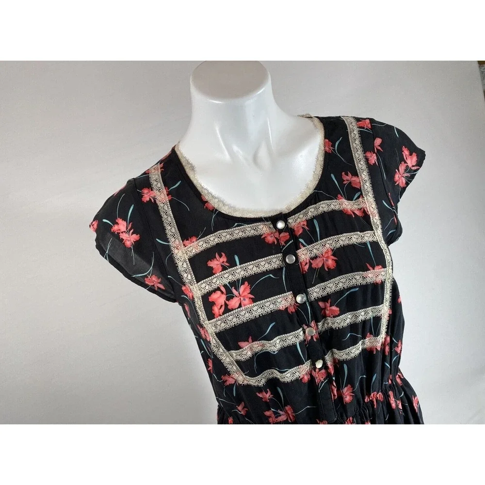 Free People Tunic Top Womens 4‎ Black Embroidered Floral Boho Hippie